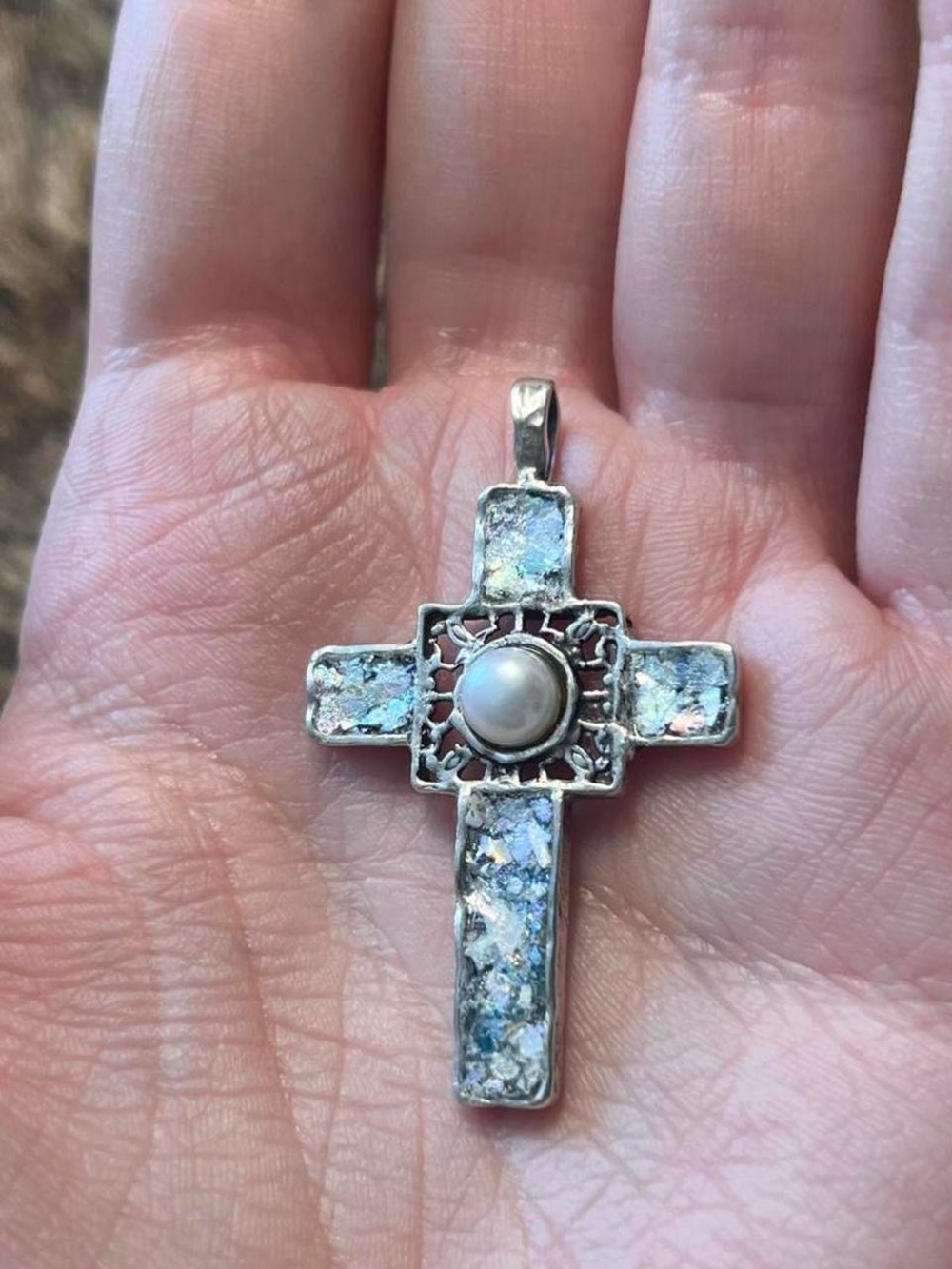 Sterling silver artisan made Regina Lane Roman glass and pearl cross pendant